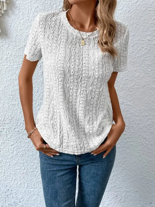 Hollowed Leisure Solid Color Round Neck T shirt For Women White - Shop at LoveMi