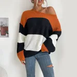 Autumn New European And American Women's Clothing Striped Contrast Color Knitwear Round Neck Loose Sweater - Black And White