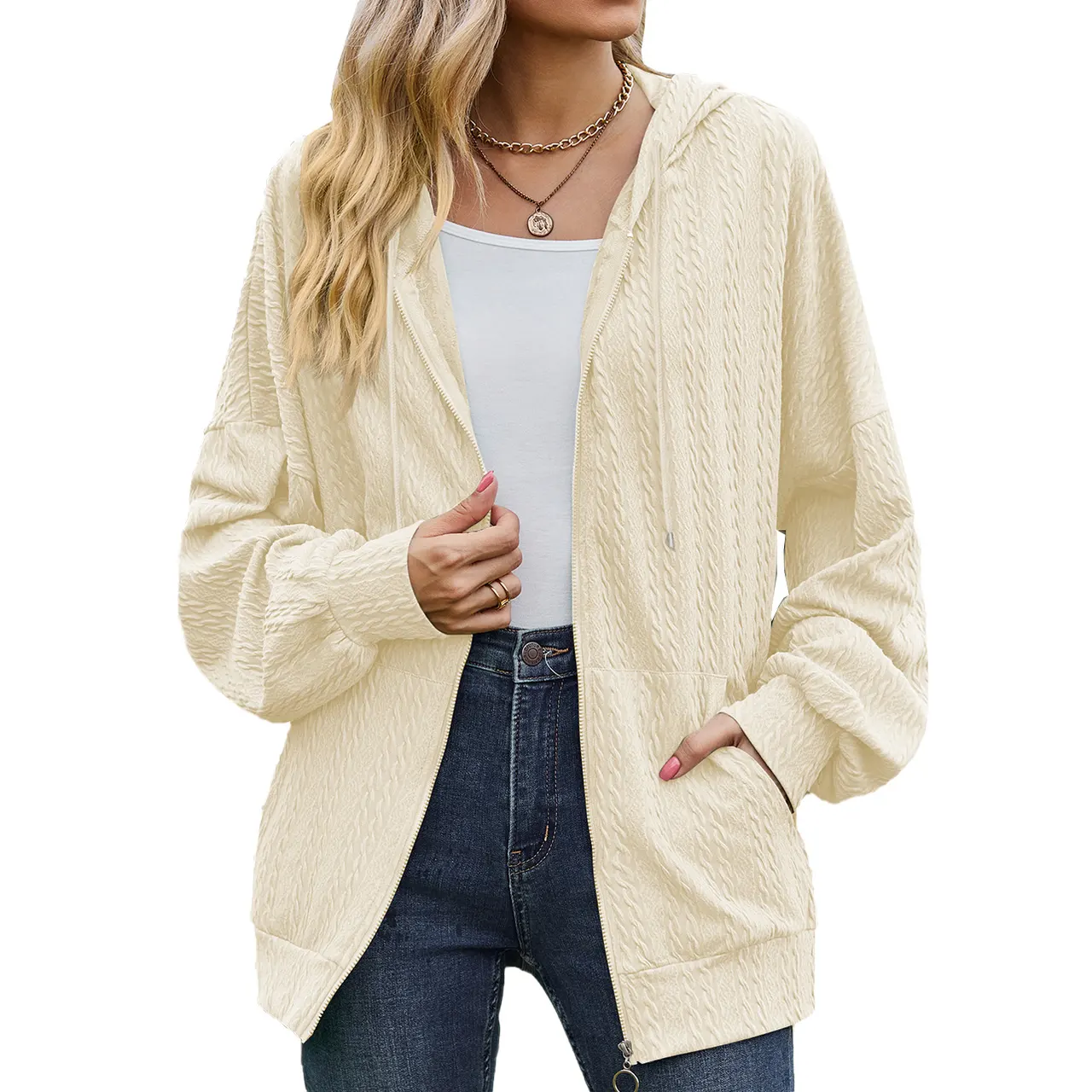 Women's Fashion Solid Color And V-neck Zipper Loose Sweater Coat - Apricot