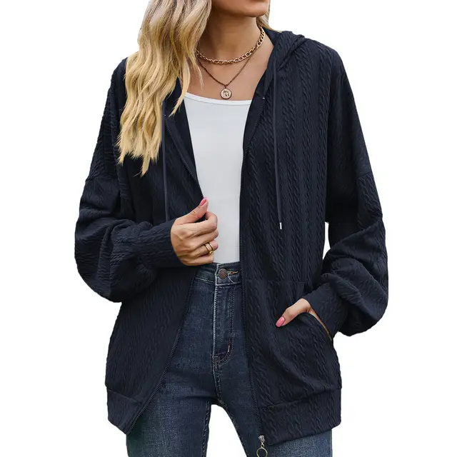 Women's Fashion Solid Color And V neck Zipper Loose Sweater Coat Navy Blue - Shop at LoveMi