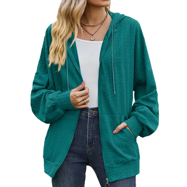Women's Fashion Solid Color And V neck Zipper Loose Sweater Coat Peacock Green - Shop at LoveMi