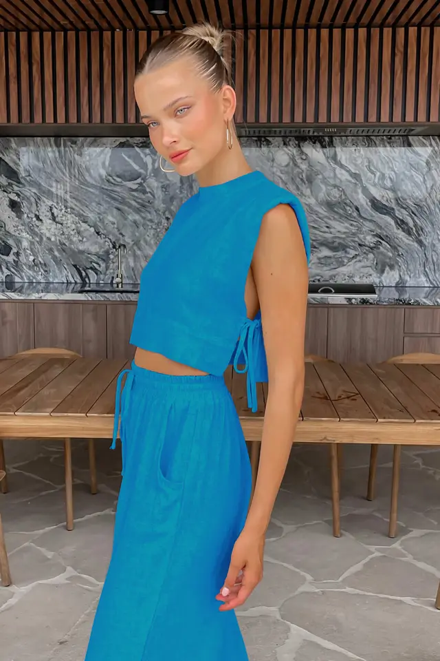 Sleeveless Top And Trousers Fashion Cotton And Linen Suit Women's Clothing Blue - Shop at LoveMi