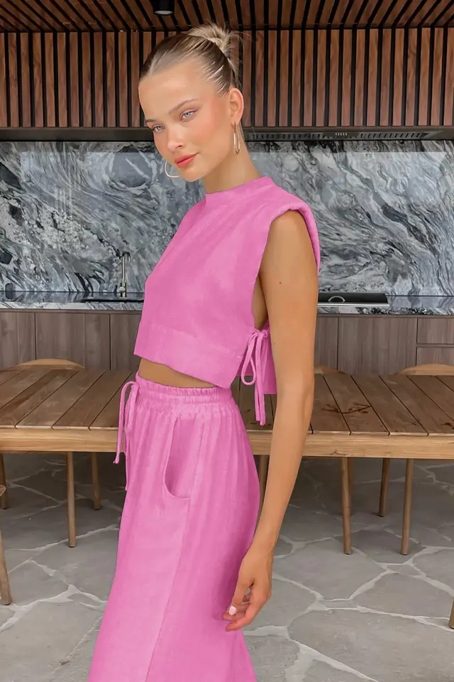 Sleeveless Top And Trousers Fashion Cotton And Linen Suit Women's Clothing Light Pink - Shop at LoveMi