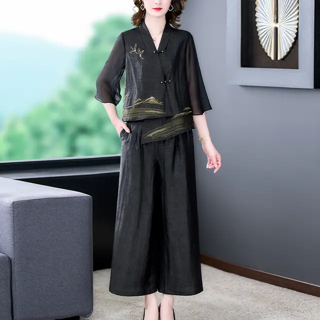 Embroidered Irregular Top Wide leg Pants Two piece Set Black - Shop at LoveMi