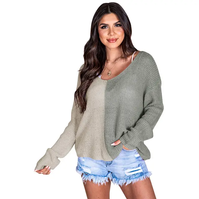 New Color Matching V neck Pullover Sweater Knitted Long sleeved Top Lc2723030 Gray - Shop at LoveMi