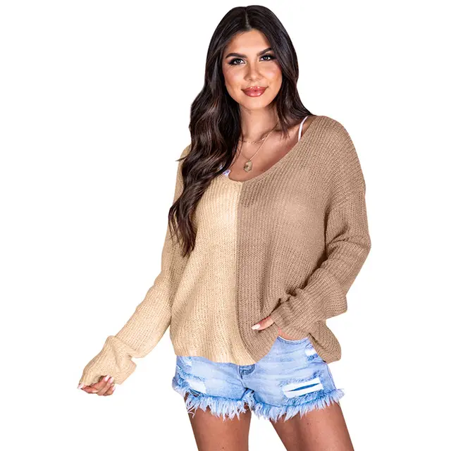 New Color Matching V neck Pullover Sweater Knitted Long sleeved Top Lc2723030 Khaki - Shop at LoveMi
