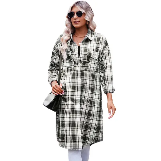 Women's Printed Checks Mid length Shirt Coat Black - Shop at LoveMi