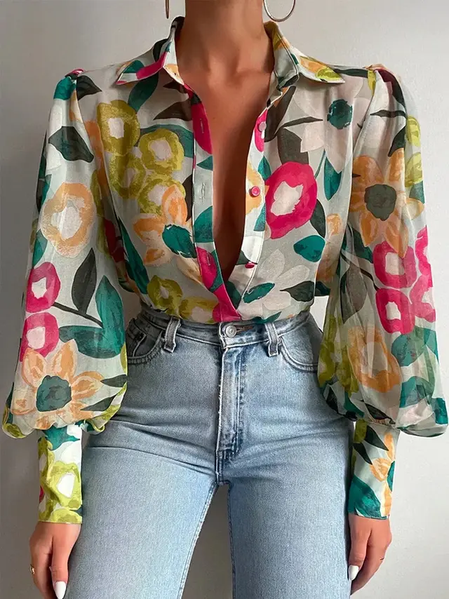 Women's Summer Printed Lantern Sleeve Fashion Shirt Small Chrysanthemum - Shop at LoveMi