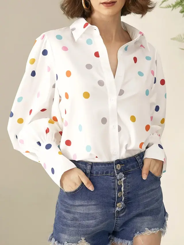 Women's Summer Printed Lantern Sleeve Fashion Shirt White Dots - Shop at LoveMi