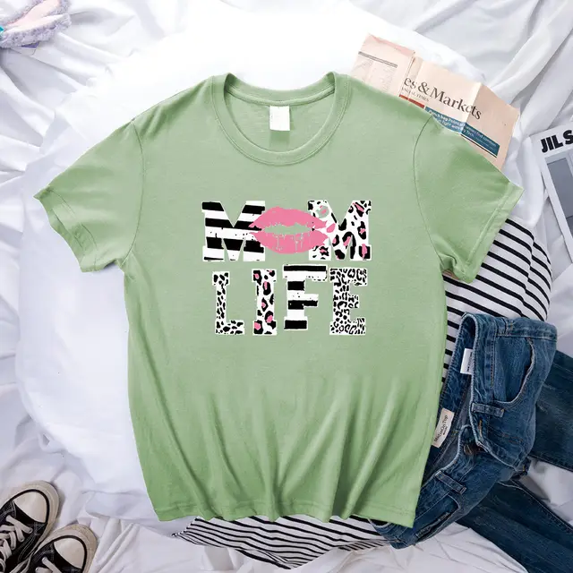 Mother's Day MOM LIFE Leopard Print Lip Printings Round Neck Short Sleeve T shirt Olive Green - Shop at LoveMi