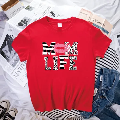 Mother's Day MOM LIFE Leopard Print Lip Printings Round Neck Short Sleeve T shirt Red - Shop at LoveMi