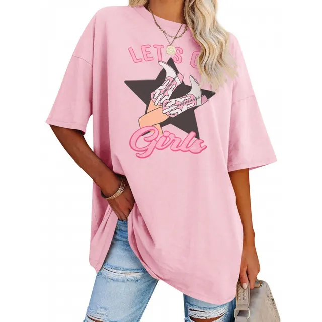 European And American Round Neck T shirt 100 Cotton Denim Girl Boots Printing Pink - Shop at LoveMi