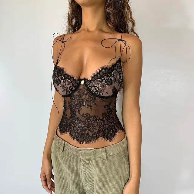 Popular Lace Small Sling Summer Low cut See through V neck Vest Black - Shop at LoveMi