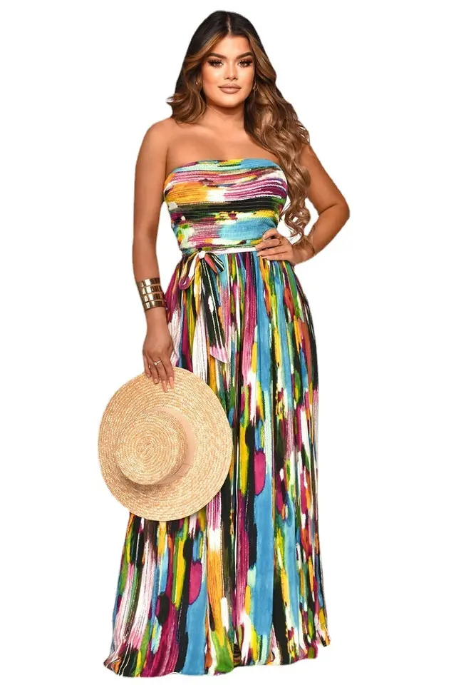 Women's Design Sense Painted Print Tube Top Jumpsuit Color Stripes - Shop at LoveMi