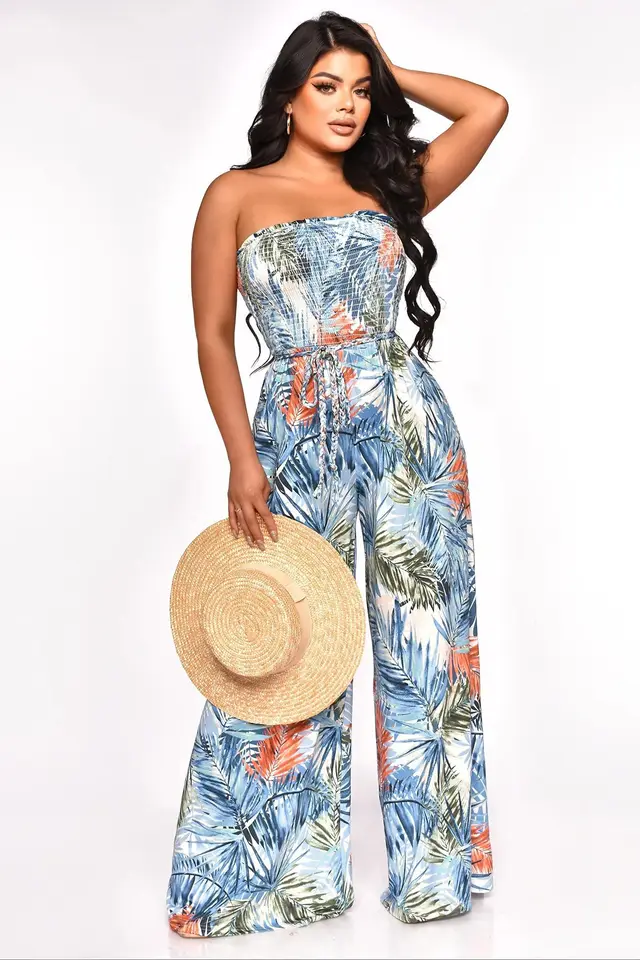 Women's Design Sense Painted Print Tube Top Jumpsuit Multicolor Blue - Shop at LoveMi