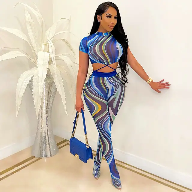 Printed Lace Up Body Stocking Casual Suit Tie dye Waist Tether Short Sleeve Mesh Pantyhose Blue - Shop at LoveMi