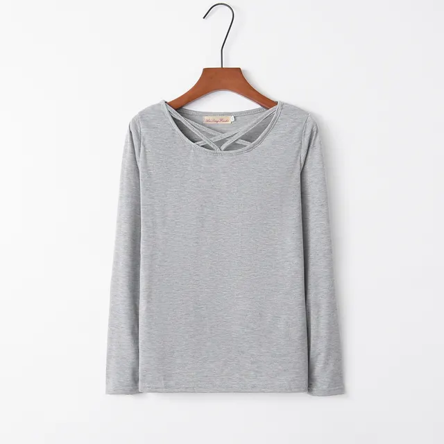 Best selling New Type Long Sleeve T shirt Women Solid Color Cross Collar Solid Color Fall Women's Clothing Gray - Shop at LoveMi