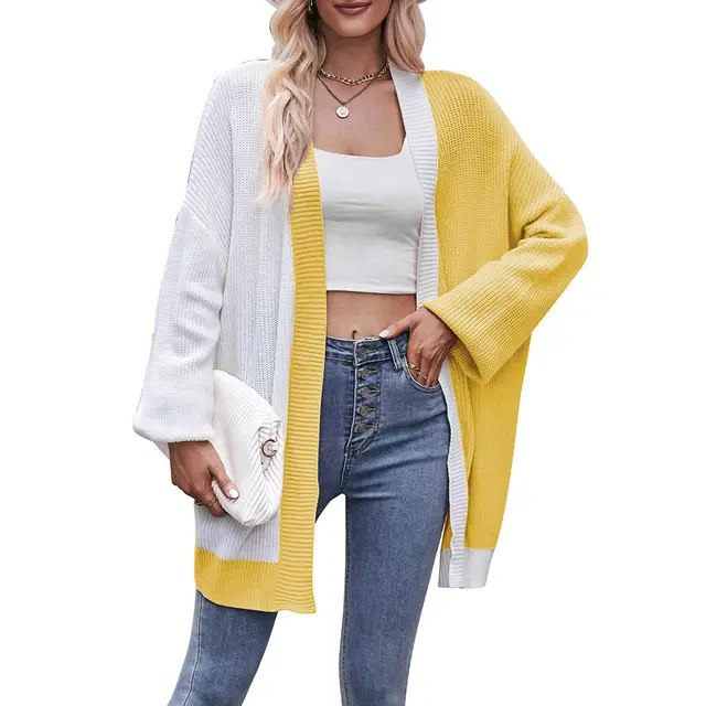 Contrast Color Loose Shawl Mid length Sweater Cardigan Yellow - Shop at LoveMi