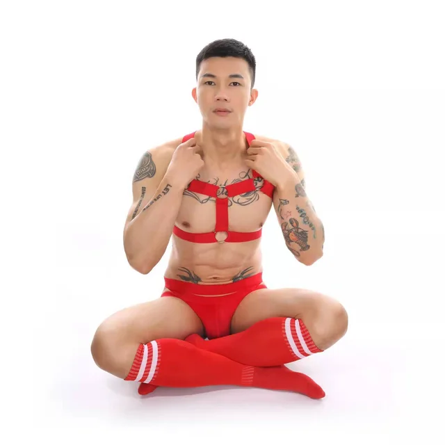 Boys Nightclub Bar Clothes Chest Strap Stockings Performance Set Red Top Panty Socks - Shop at LoveMi