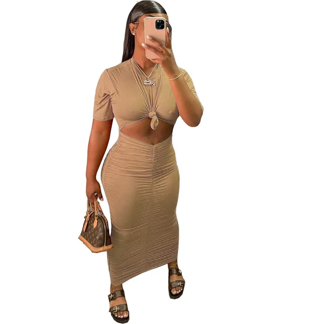 Sexy Solid Color Pleating Short Sleeve Dress Suit Khaki - Shop at LoveMi