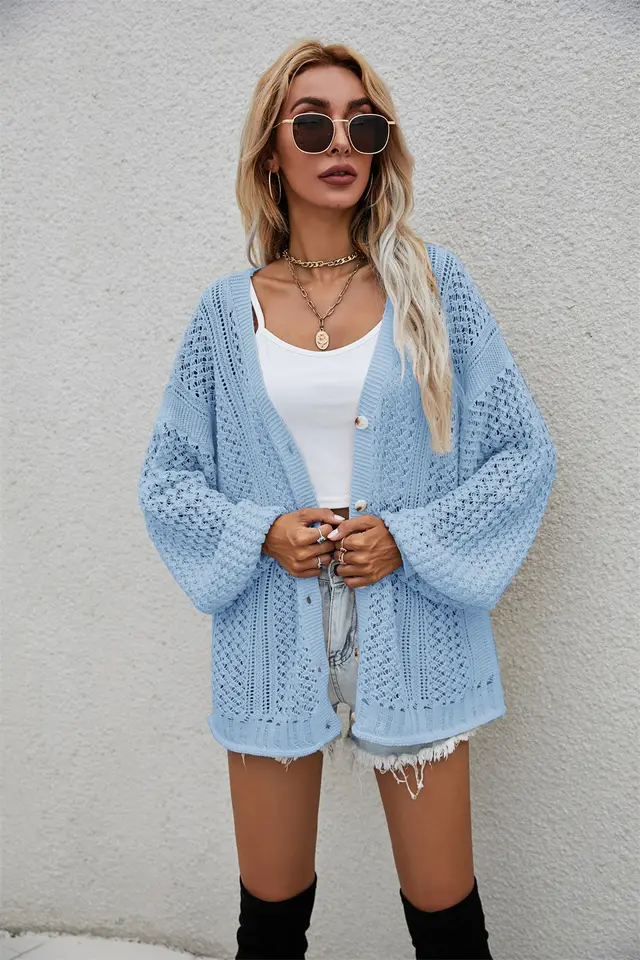 Hollow Personality V neck Fashion Loose Cardigan Button Sweater Sweater Blue - Shop at LoveMi