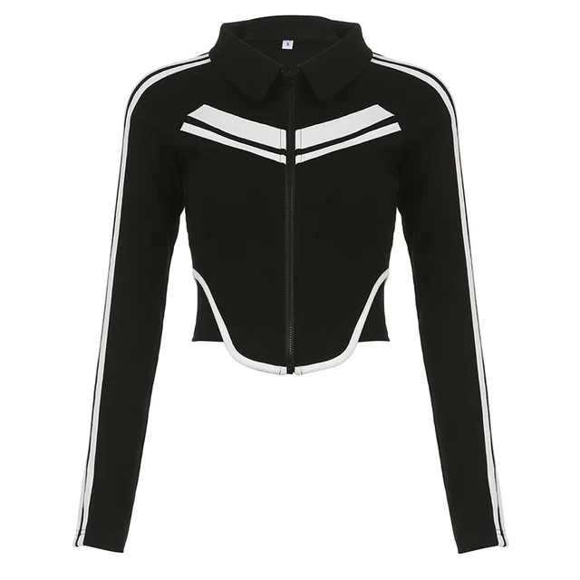 Sweet And Spicy Style Polo Collar Striped Short Stitching Coat Zipper Cardigan Long sleeve T shirt Black - Shop at LoveMi