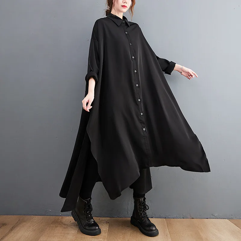 Loose Long Large Slit Shirt Dress For Women Black - Shop at LoveMi