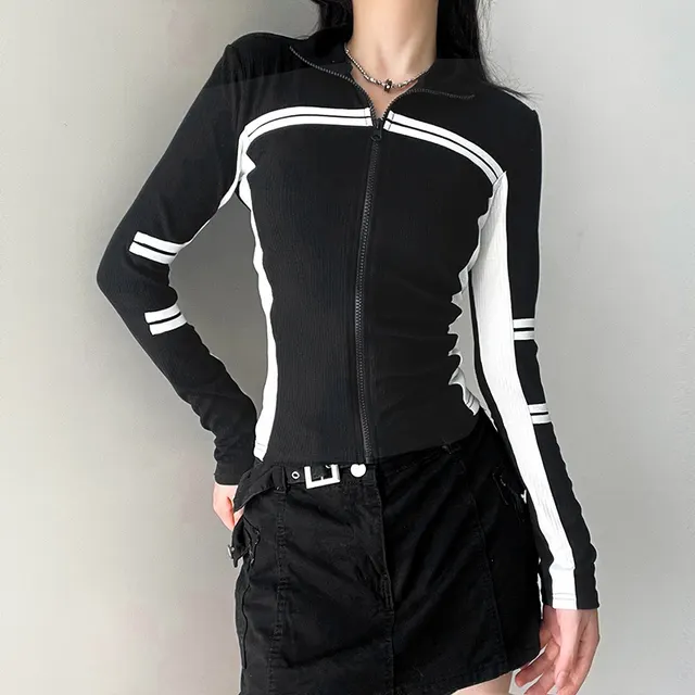 Black And White Contrast Color Striped Slim Coat Women's Long Sleeve Casual Cardigan Black - Shop at LoveMi