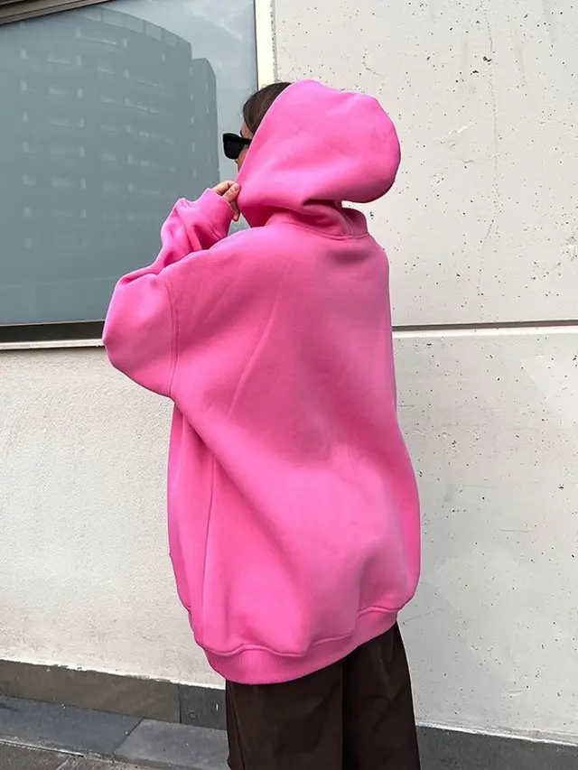 Street Boyfriend Style Polar Fleece Loose Pockets Hooded Sweater Pink - Shop at LoveMi