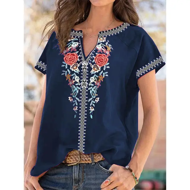 Summer New Ethnic Print Short Sleeve T shirt Top Women Dark Blue - Shop at LoveMi