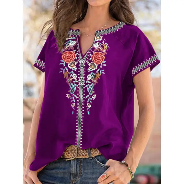 Summer New Ethnic Print Short Sleeve T shirt Top Women Purple - Shop at LoveMi