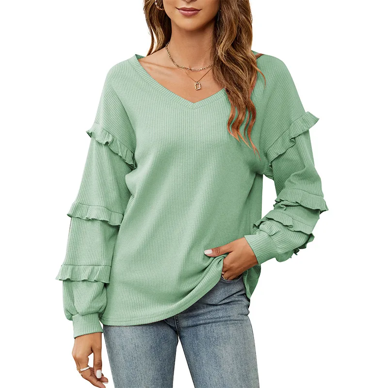 Women's Top Autumn And Winter New Women's Waffle V neck Flounce Top Light Green - Shop at LoveMi