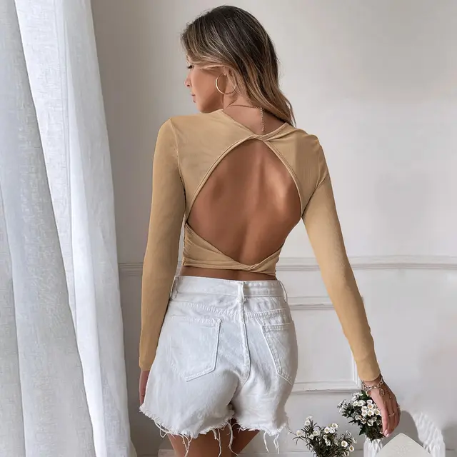 Sexy Backless Casual Short Slim Knit Long Sleeve T shirt Top As A Base To Wear Khaki - Shop at LoveMi