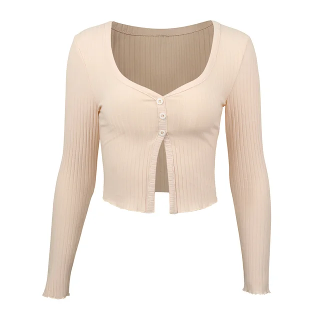 Long Sleeved Crop Cardigan Top Sexy Button Knit T shirt Apricot - Shop at LoveMi