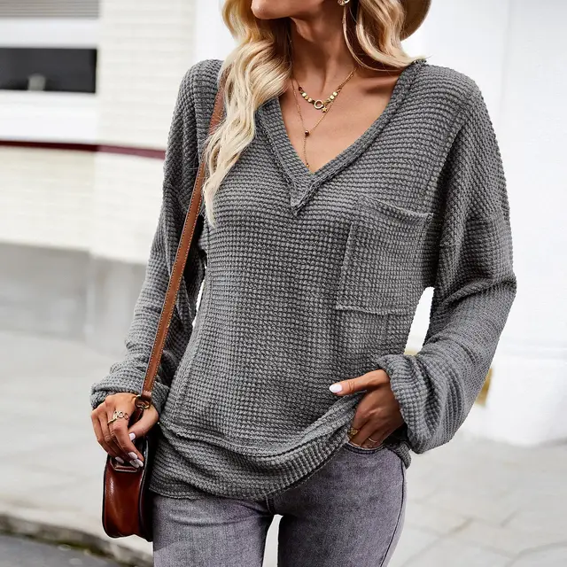 Women's Fashion Solid Color V neck Long sleeve Knitwear Top Gray - Shop at LoveMi