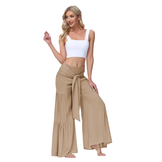Stylish Lace up Elastic waist Pleated Wide leg Pants Casual Slacks Apricot - Shop at LoveMi