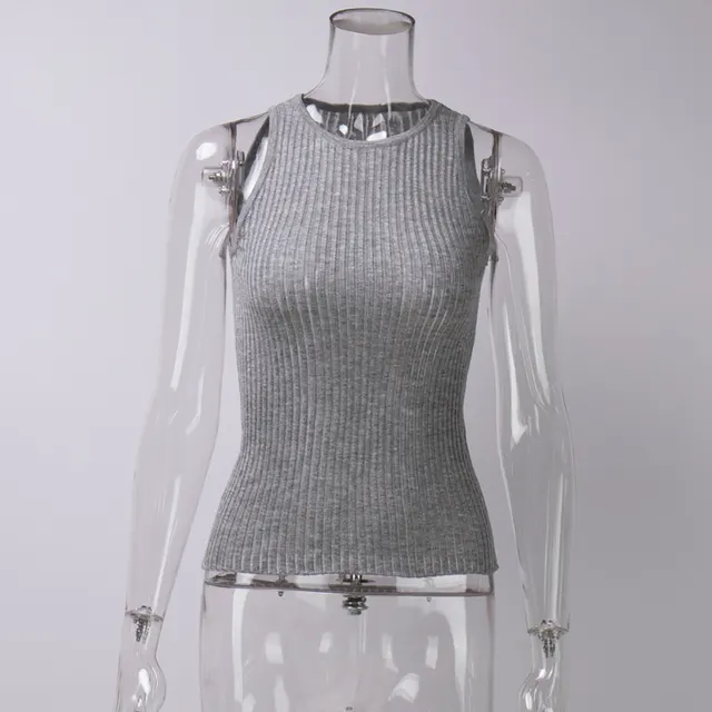 Women's Fashion Solid Color Rib Fabric Hollow Vest Slim Sleeveless Knitted Top Gray - Shop at LoveMi