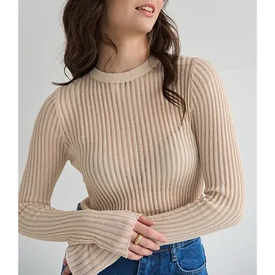 Women's Fashion Casual Solid Color Slim fit Cashmere Round Neck Long Sleeve Apricot - Shop at LoveMi