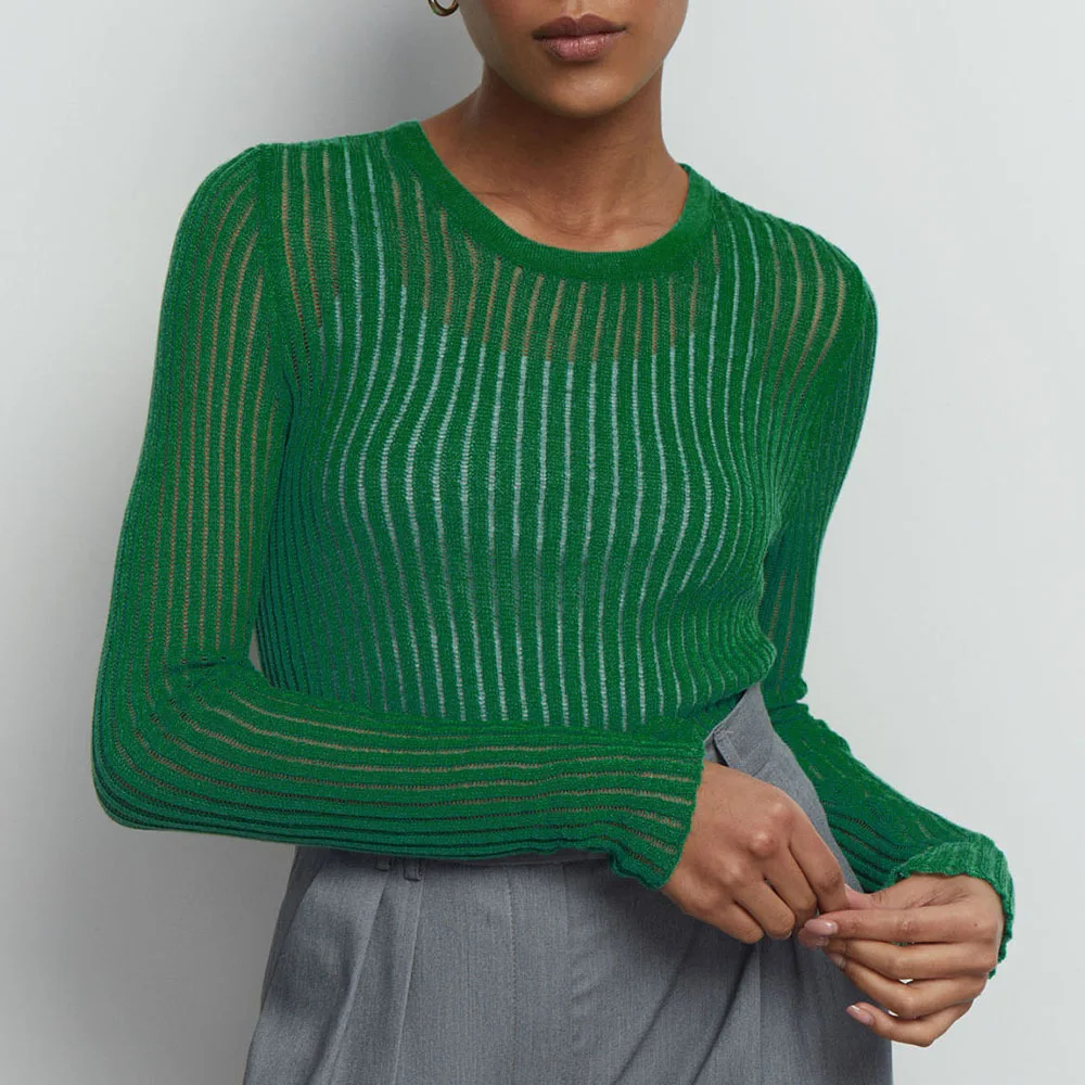 Women's Fashion Casual Solid Colour Slim-fit Cashmere Round Neck Long Sleeve - Green