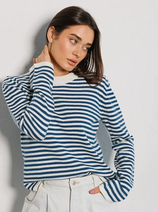 Women's Fashionable Simple Thread Contrast Color Round Neck Knitted Striped Sweater Blue - Shop at LoveMi