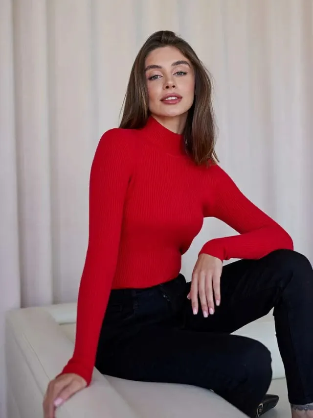 Women's Fashion Simple Pure Color Half Collar Sweater Red - Shop at LoveMi