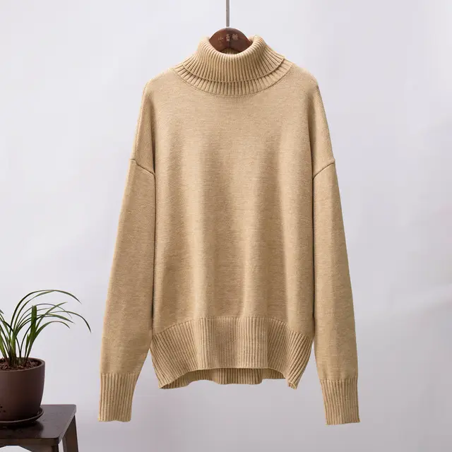 Women's Fashionable All match Solid Color Turtleneck Sweater Khaki - Shop at LoveMi