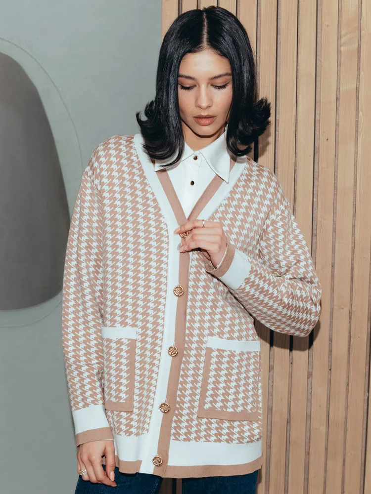 Women's Fashion Loose Casual Houndstooth Sweater Apricot - Shop at LoveMi