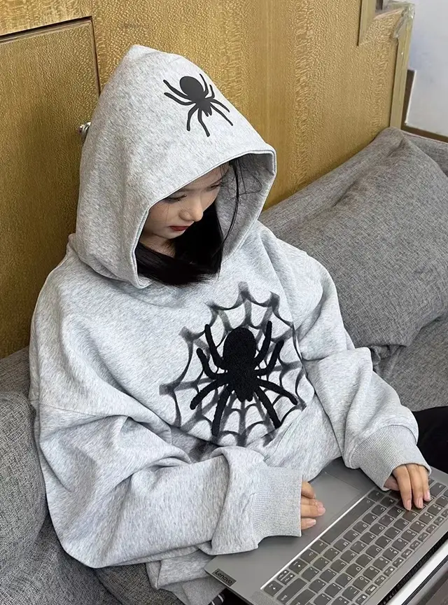 Women's American style Retro Fashion Brand Spider Letter Hooded Sweater Gray - Shop at LoveMi