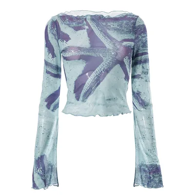 Fashion Trend Abstract Printing Bell Sleeve Short Top Blue - Shop at LoveMi