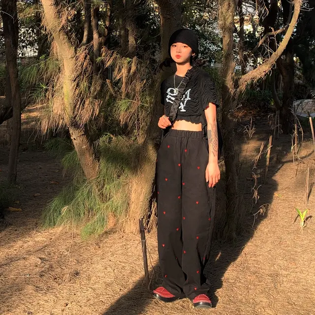 Love Embroidered Straight Leg Wide Leg Pants With Loose Fit Black - Shop at LoveMi