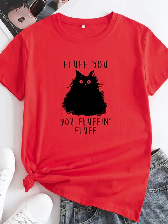 Female Pattern Fluffy Cat Short Sleeve Red - Shop at LoveMi