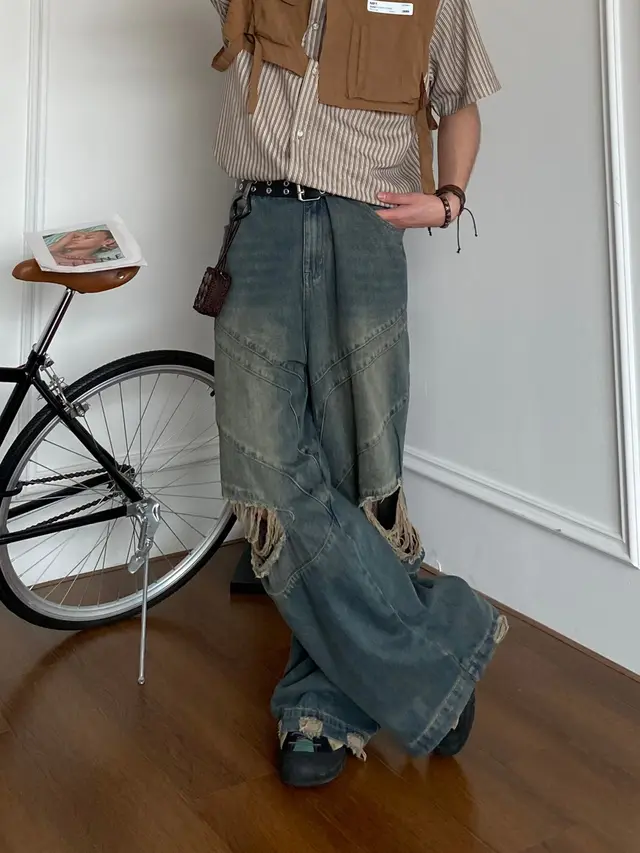 Loose Cool Wide Leg Leisure Straight leg Trousers Vintage Blue - Shop at LoveMi