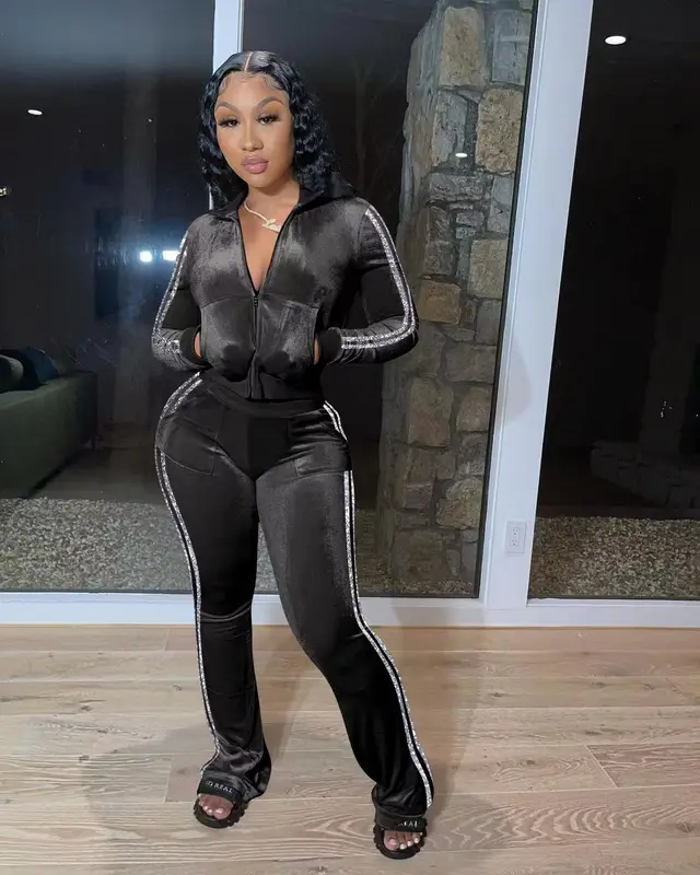 Solid Color Golden Edge Velvet Leisure Sports Sweater Wide Leg Pants Two piece Set Black - Shop at LoveMi