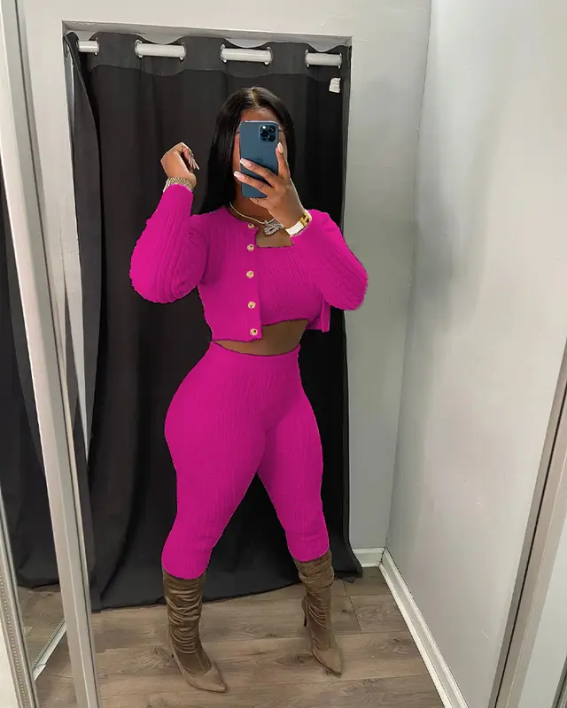 Solid Color Knitted Sweater Slim fit Cardigan Three piece Set Rose Red - Shop at LoveMi